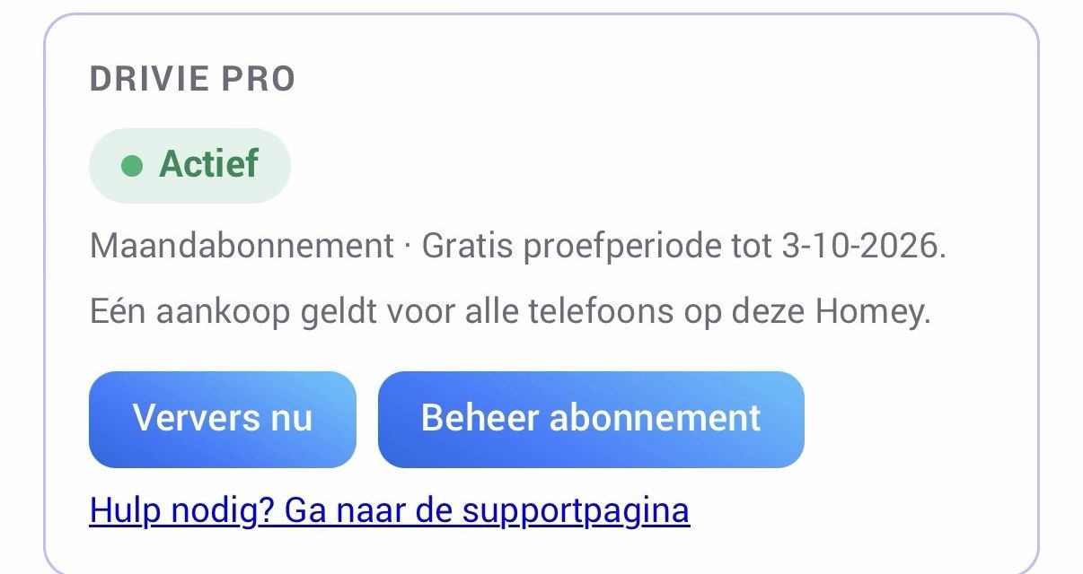 De companion-instellingen met een actief Drivie Pro-abonnement