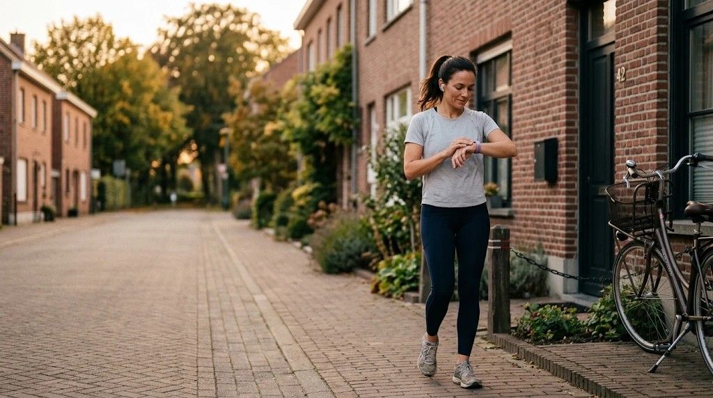 Iemand die aan het joggen is en onderweg op haar Apple Watch kijkt
