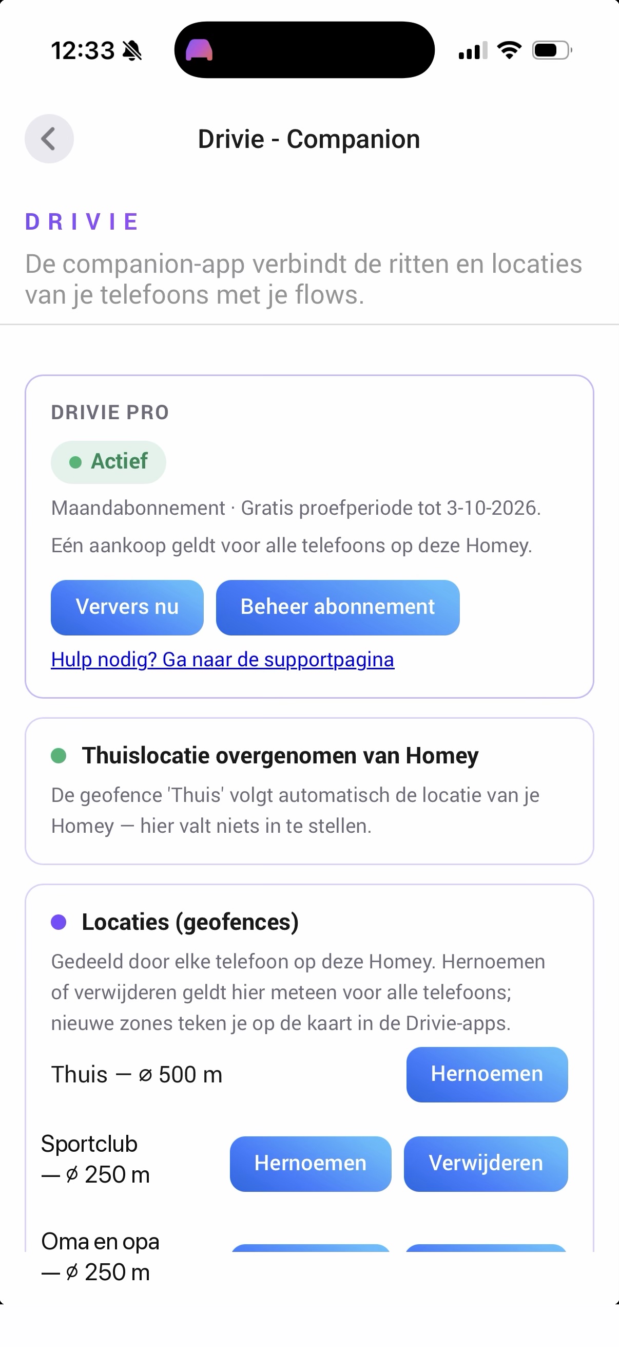 Companion-inställningar som visar en aktiv Drivie Pro-prenumeration