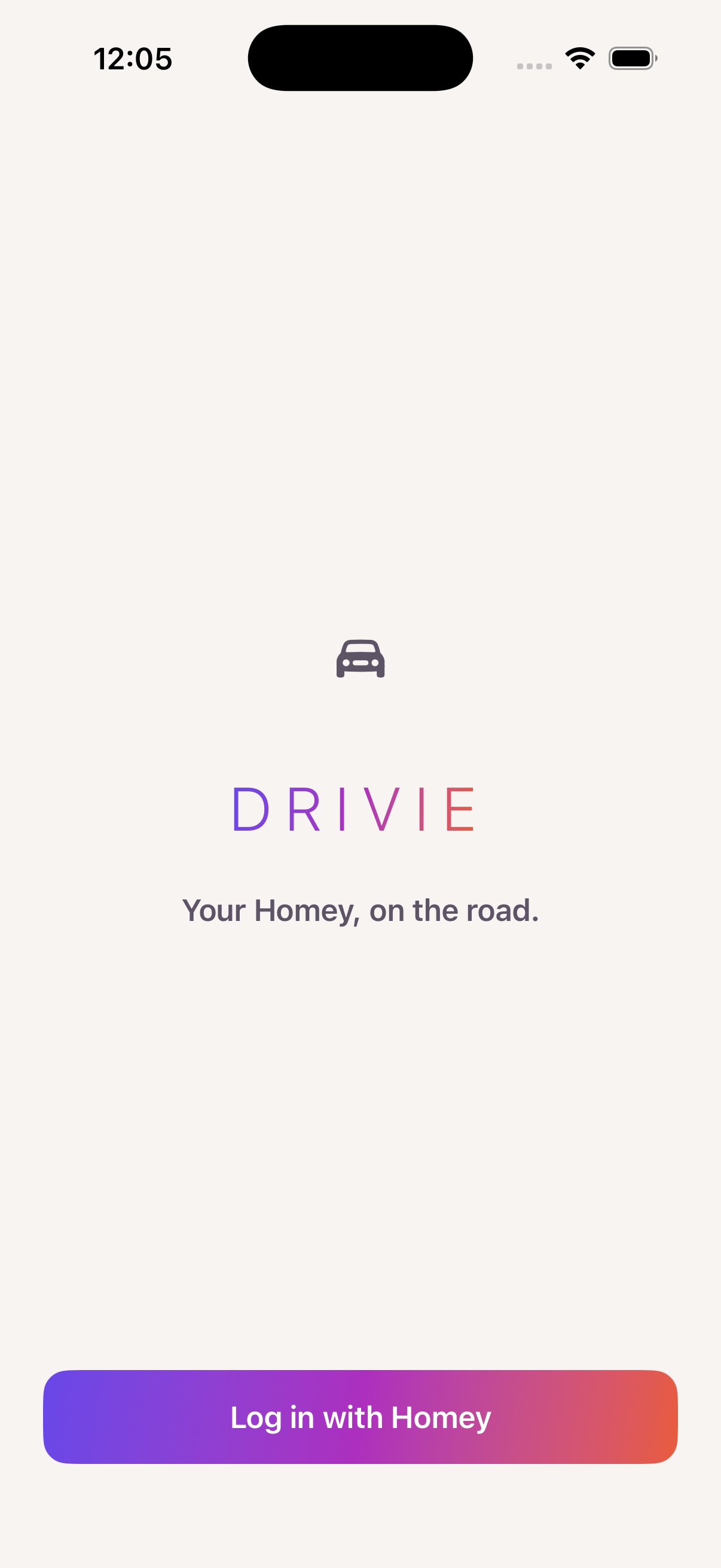 Drivies inloggningsskärm med knappen "Log in with Homey"