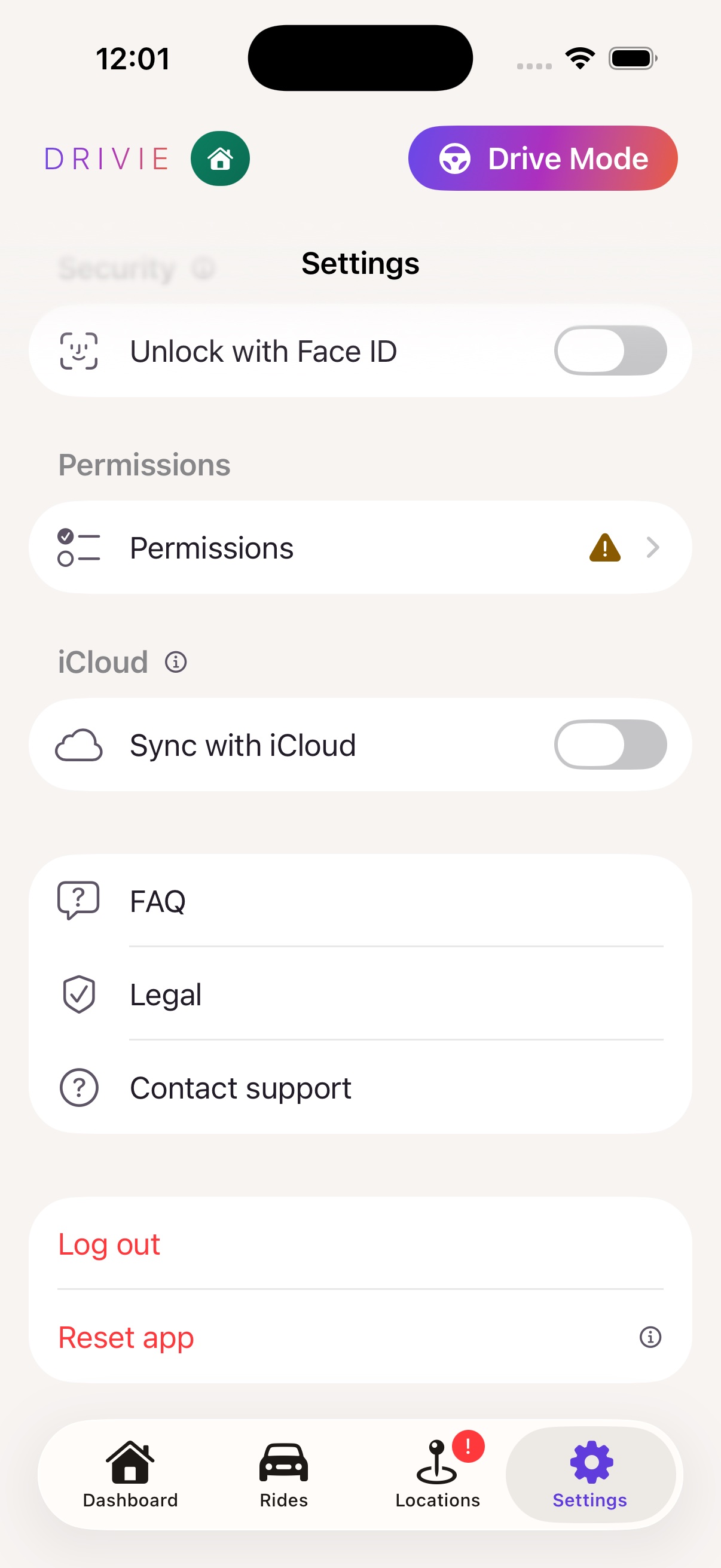 Inställningsskärmen med behörigheter, FAQ och kontaktsupport